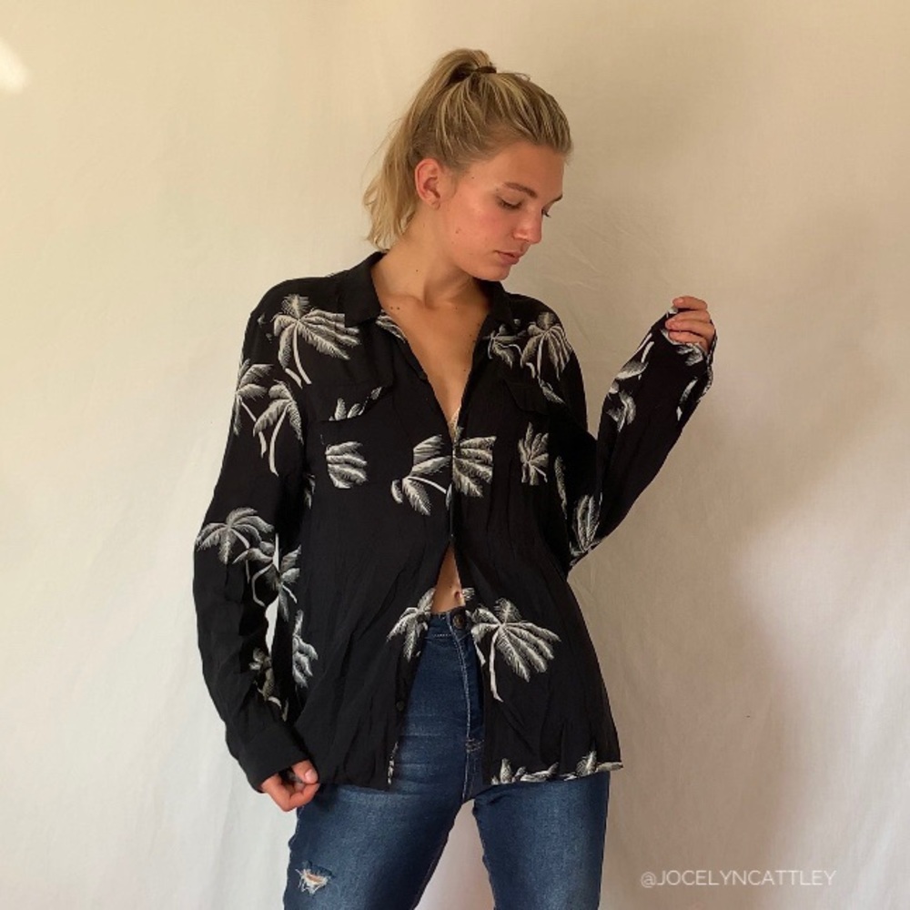 ALL SAINTS PALM TREE BLACK COLLARED POLO SHIRT